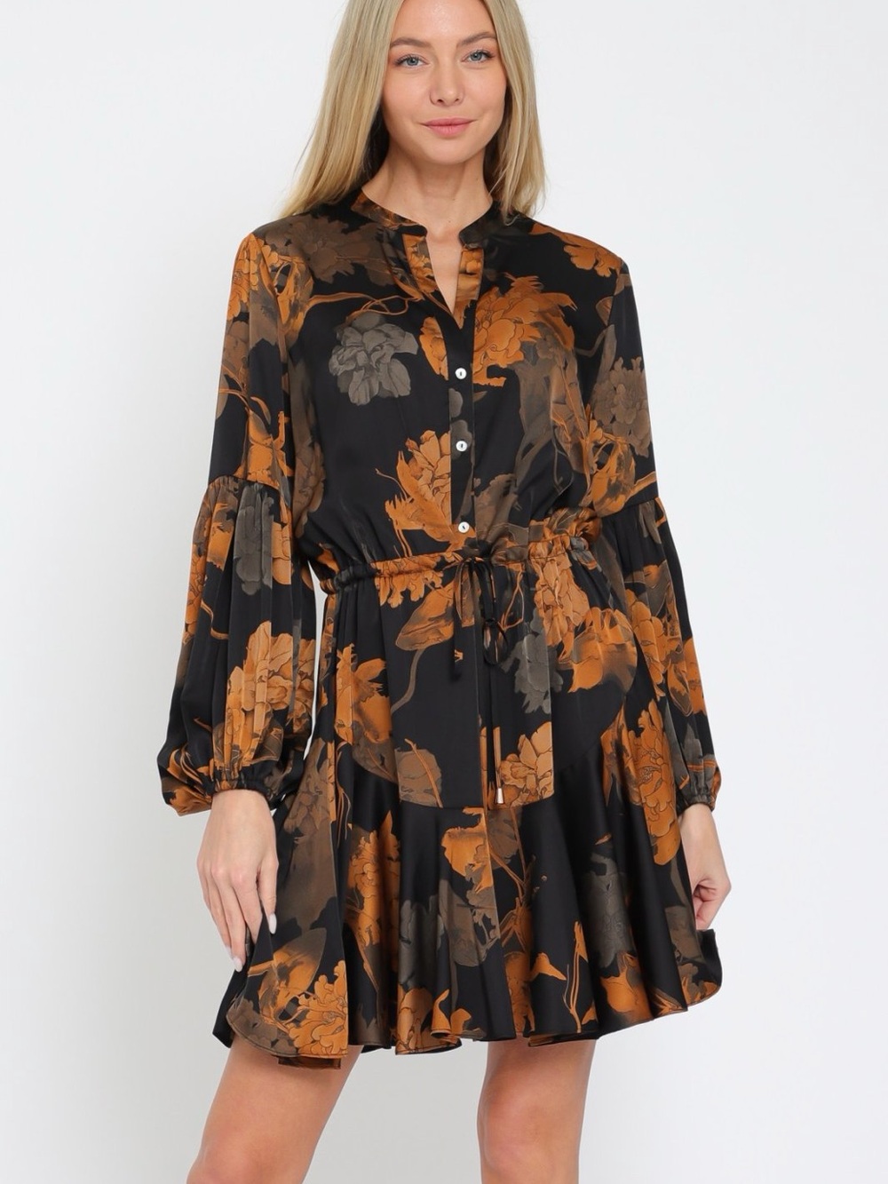 Aakaa Black & Burnt Orange Fall Floral Button-Front Mini Dress - Small - Picture 3 of 8